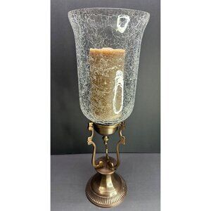Vtg Brass Crackle Glass Votive Holder Pillar Stand with Candle 18.5" Tall India